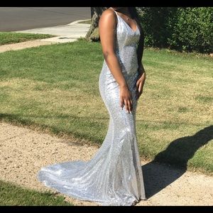 Silver Sequin Dress w/ Train & Criss Cross straps